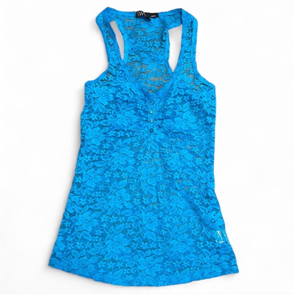 Blue Lace Sleeveless Tank Top